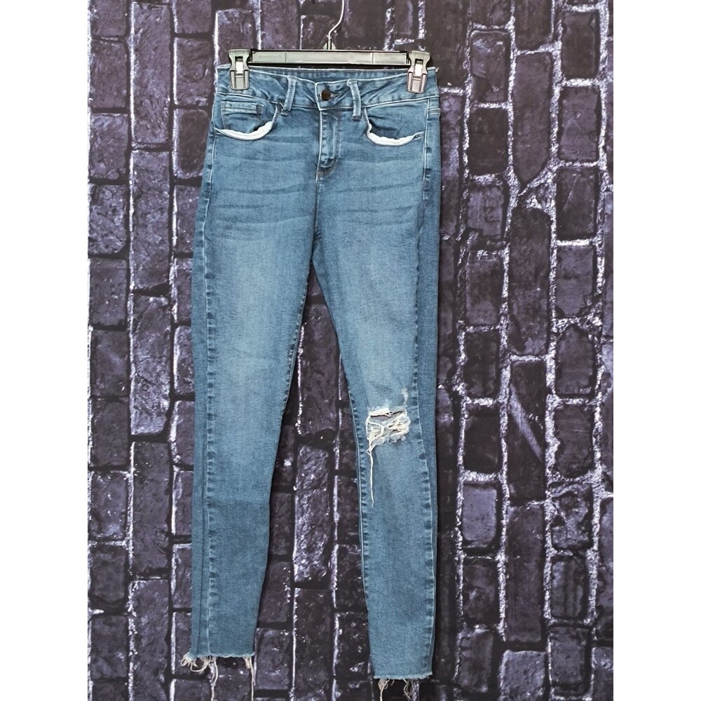 Windsor Pullon Skinny Jeans Womens 3 (26) Blue Medium Wash Distressed Raw Hem